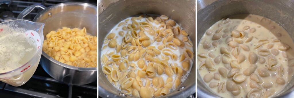 reserving pasta water, adding pasta water and milk to cooked pasta shells, and adding shredded cheese to make mac and cheese