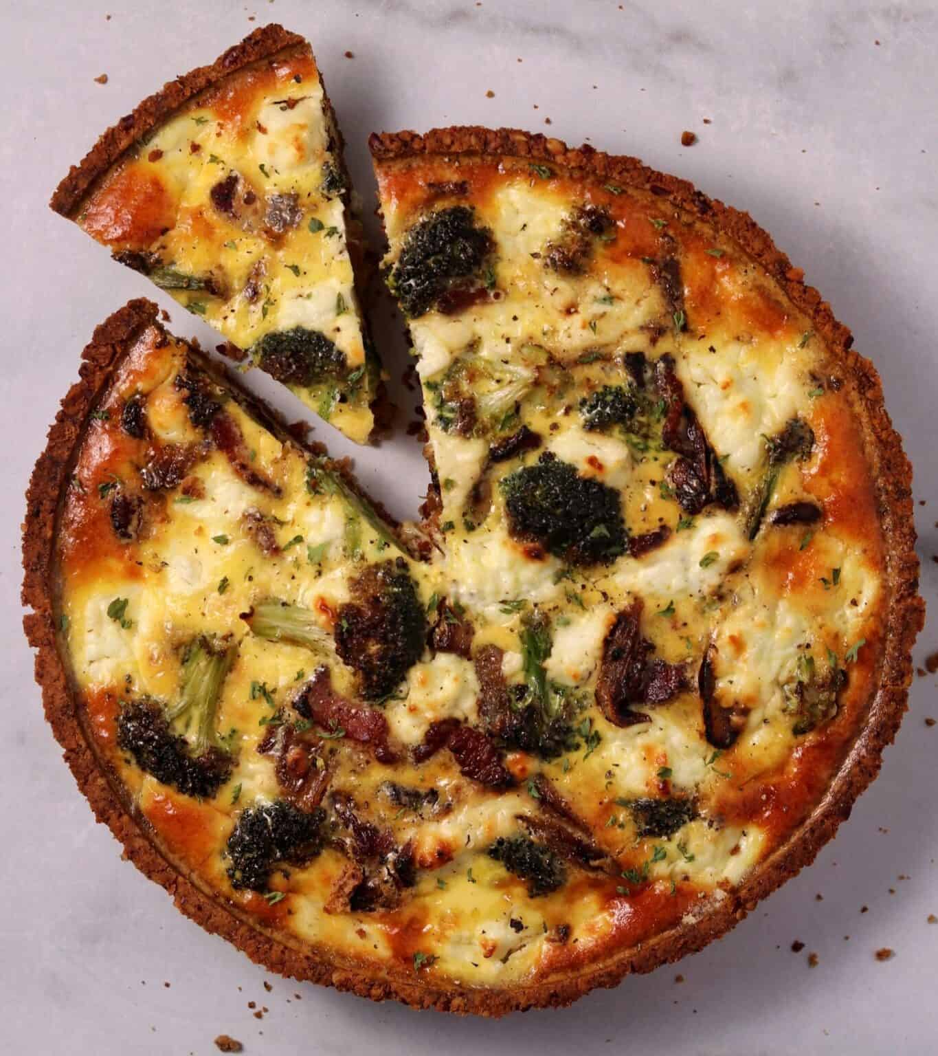 Honey Balsamic Bacon Broccoli & Goat Cheese Quiche with Walnut Crust