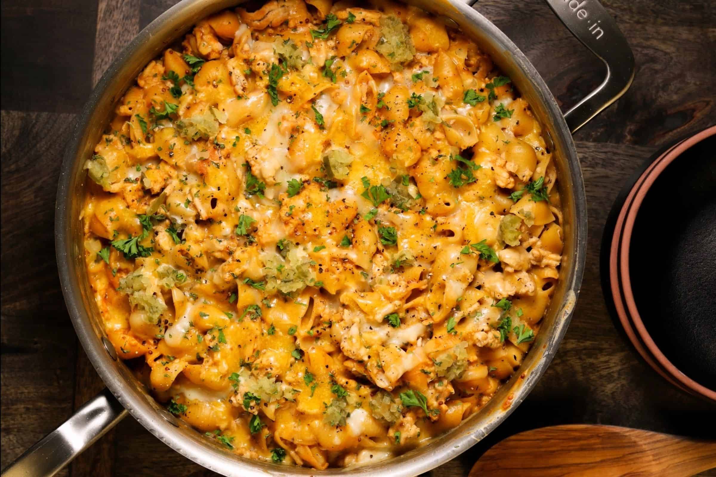 High Protein Cheeseburger Pasta with Ground Chicken