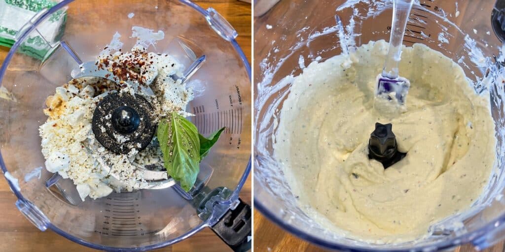 crumbled feta cheese, cream cheese, and Greek yogurt in a food processor with herbs and spices
