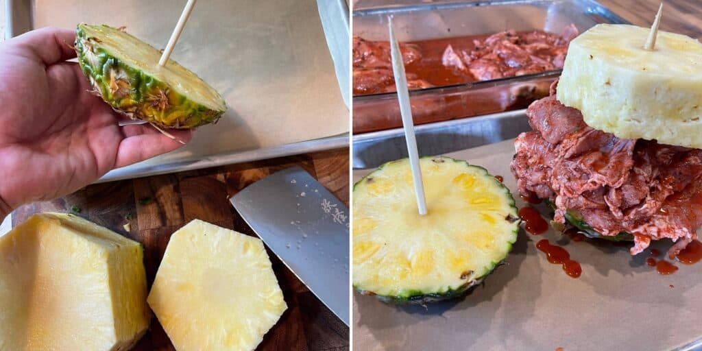 marinated chicken on a skewered pineapple bottom 