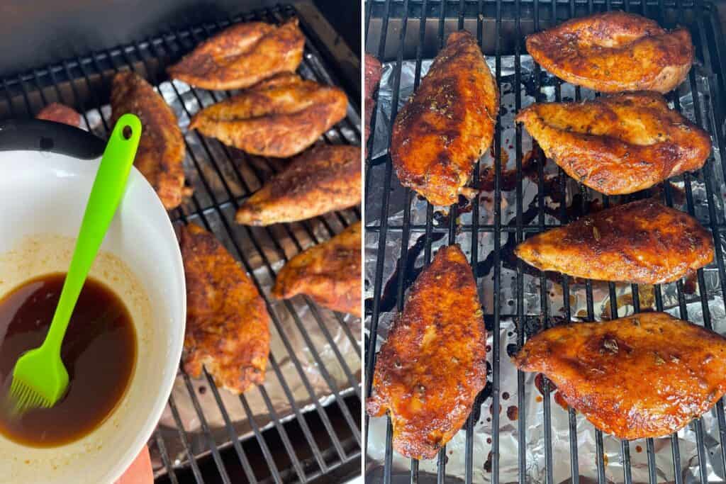 the chicken breasts on the Traeger grill before and after brushing with a hot sauce glaze