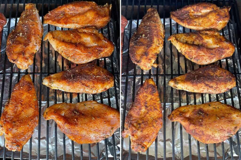 seasoned chicken breasts before and after and hour on the Traeger grill