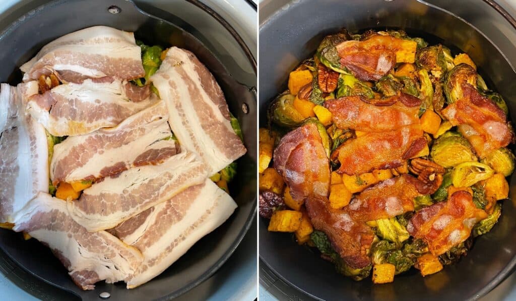 before and after air frying bacon on top of butternut squash and brussels sprouts