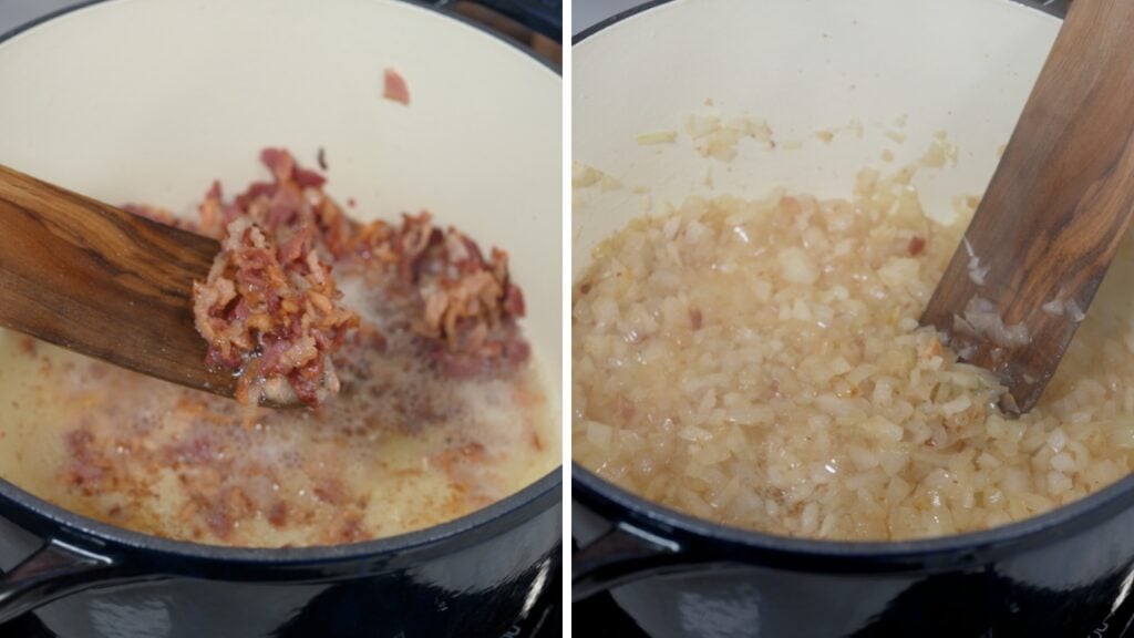two photos of crisped bacon and diced onion in rendered bacon fat in a Dutch oven