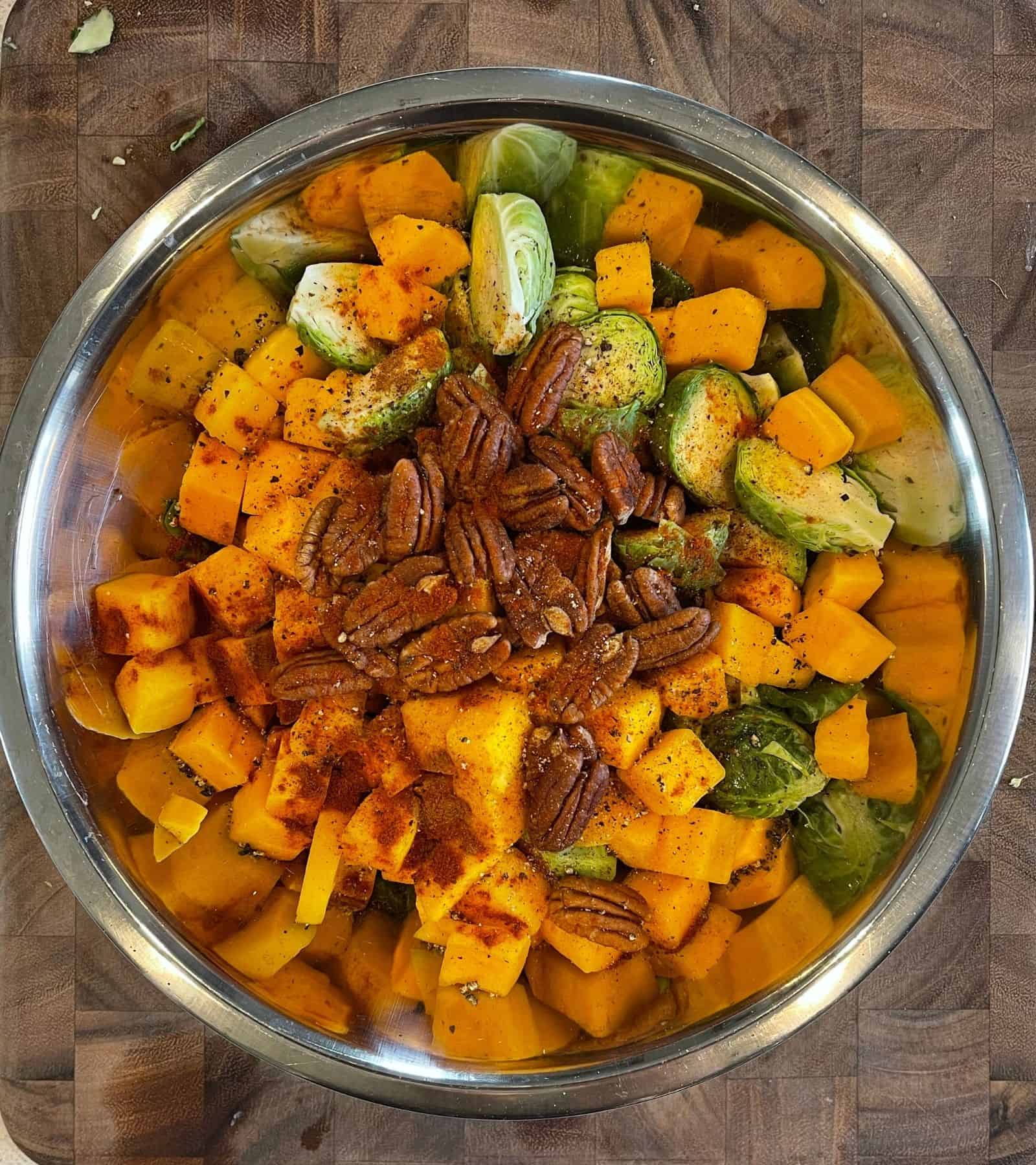 Air Fryer Butternut Squash and Brussels Sprouts + Maple Pecans & Bacon