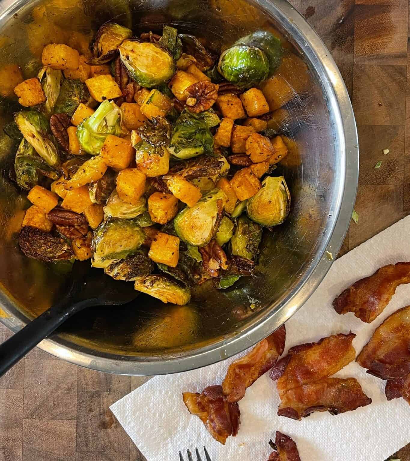 Air Fryer Butternut Squash and Brussels Sprouts + Maple Pecans & Bacon