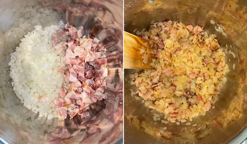 before and after cooking the diced onion and chopped bacon