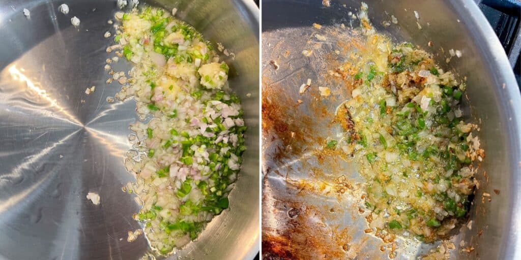 frying shallots, garlic, and serrano chile in a sauté pan
