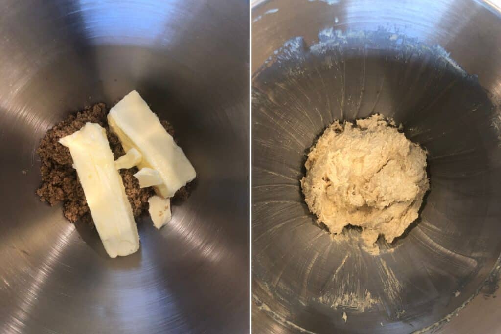 butter and brown sugar before and after creaming together in a stand mixer