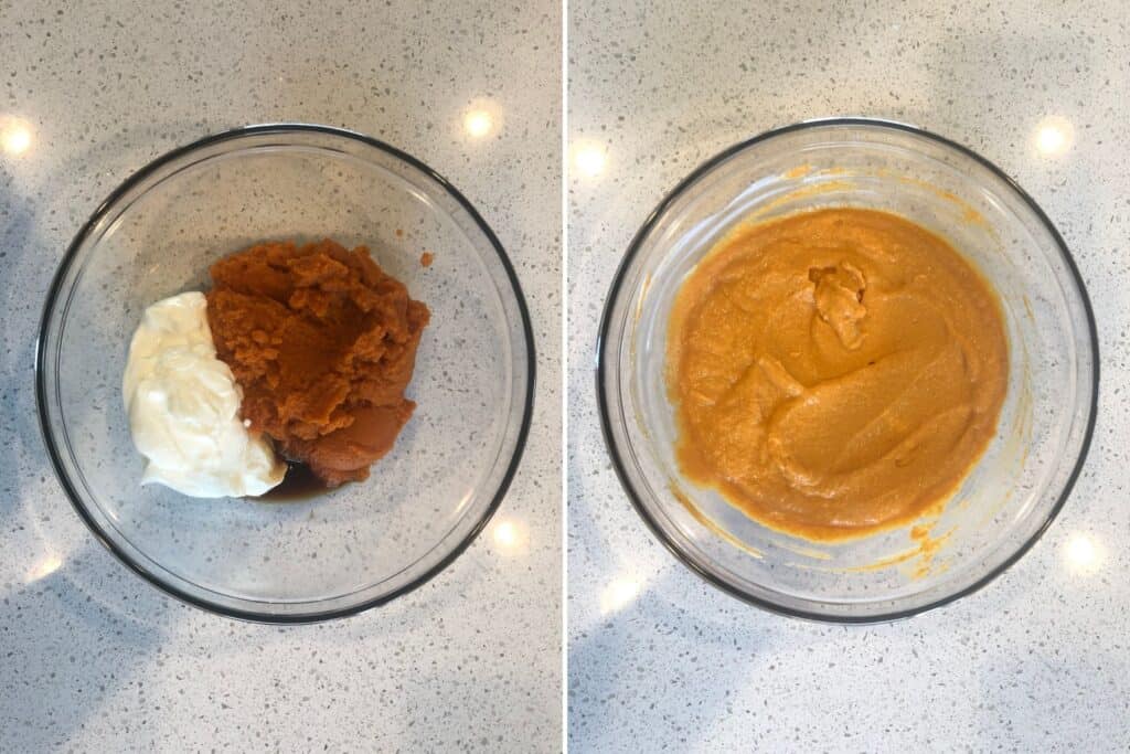 canned pumpkin, Greek yogurt, and vanilla extract in a mixing bowl