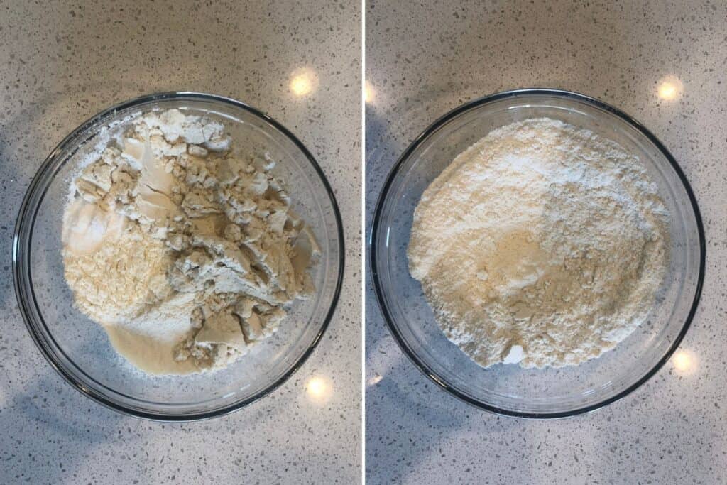 protein powder, all purpose flour, and baking soda in a mixing bowl