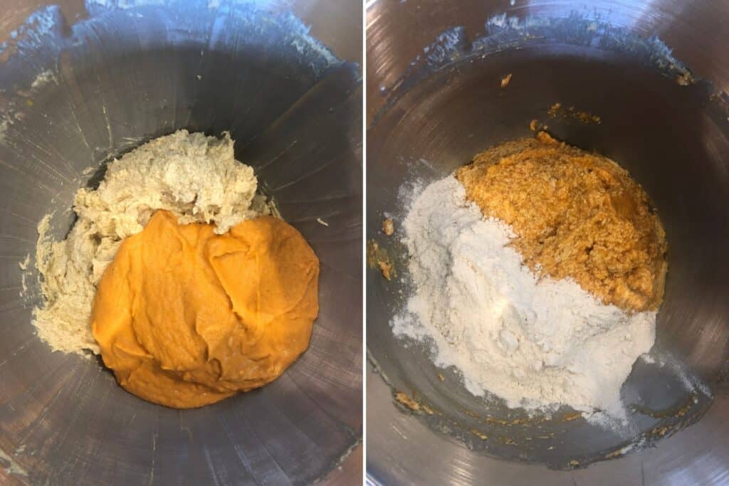 pumpkin mixture, creamed butter, and dry ingredients in a stand mixer