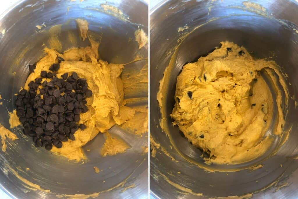finished pumpkin protein cake batter with chocolate chips folded in