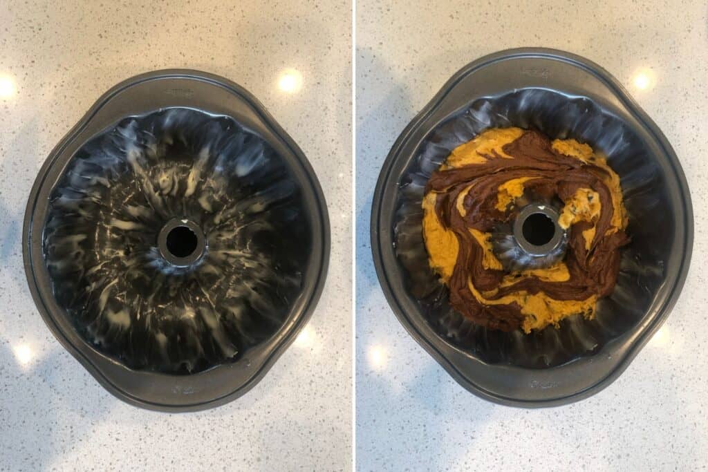 greased bundt cake pan with the protein cake batter swirled inside