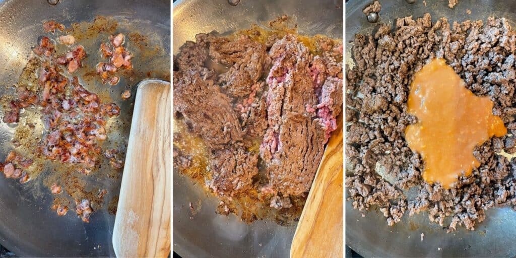 cooked bacon and cooked ground beef with burger sauce in a skillet