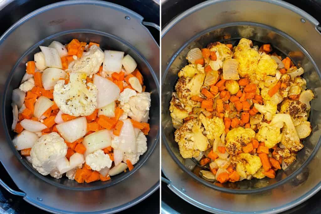 cauliflower, carrots, onion, and garlic in the Instant Pot Duo Crisp air fryer basket