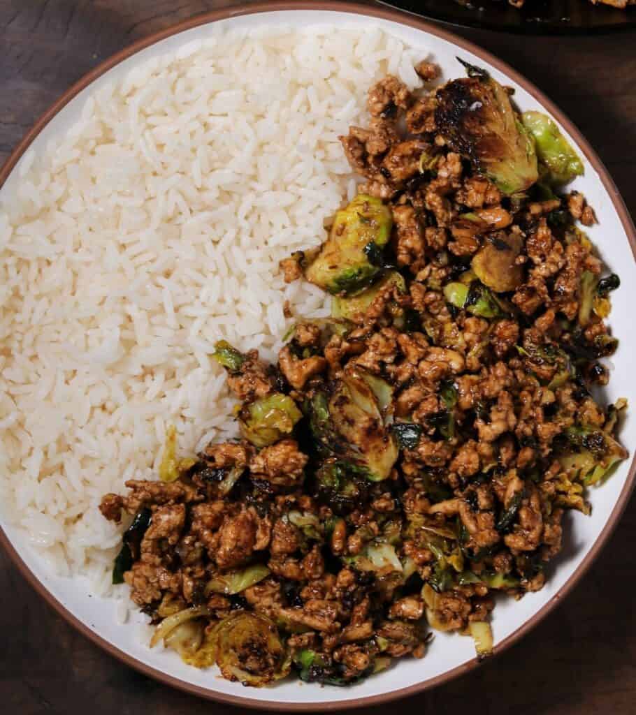 chicken and brussels sprouts with rice