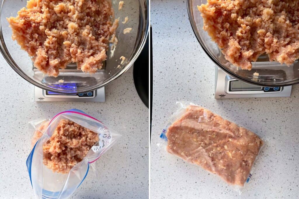weighing out ground chicken into freezer bags using a food scale 