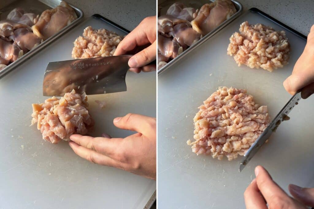 chopping boneless skinless chicken breast with a knife to make ground chicken