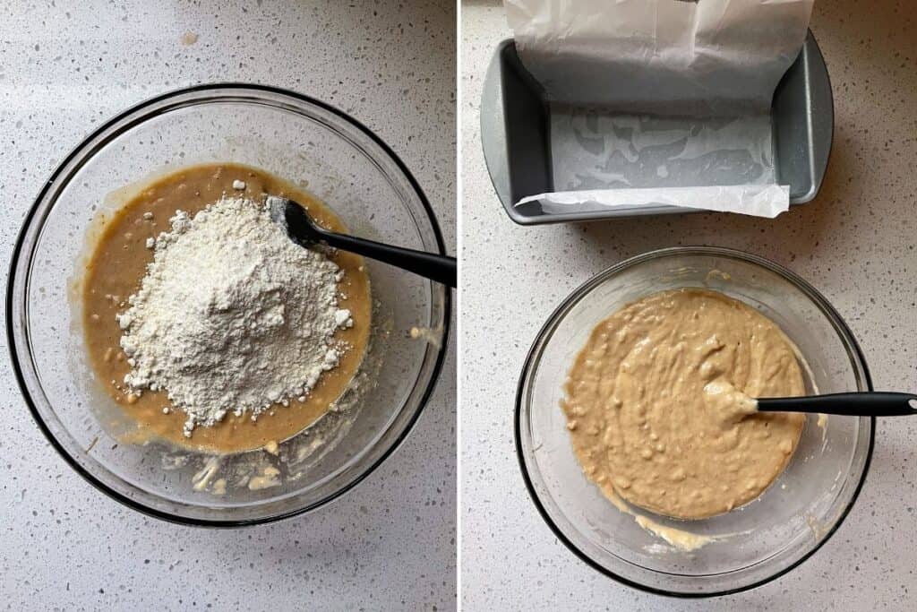 mixing the protein powder banana bread wet and dry ingredients together and adding to a parchment lined loaf pan