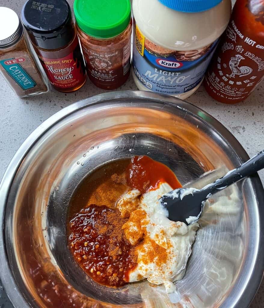 cayenne pepper, honey, chili garlic sauce, light mayo, and sriracha