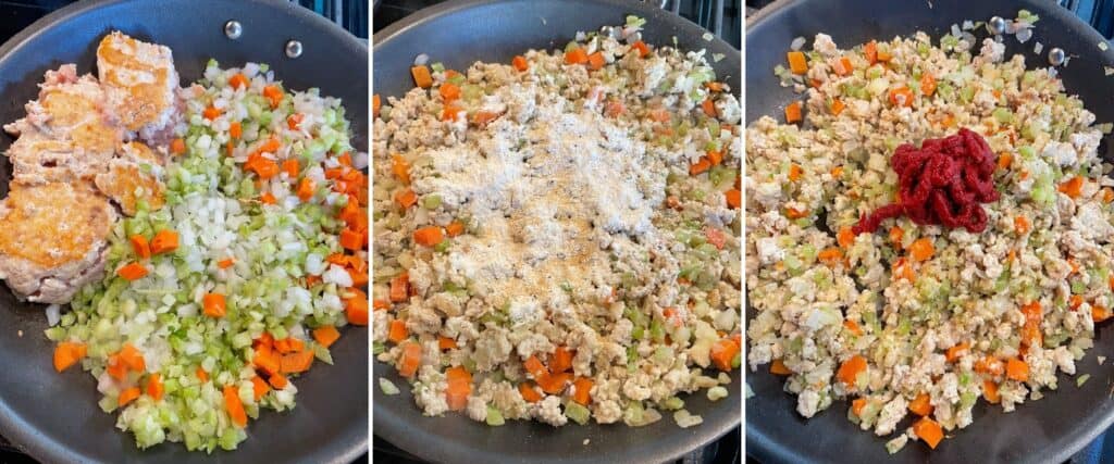cooking ground chicken with onion, celery, carrot, tomato paste, flour, and spices