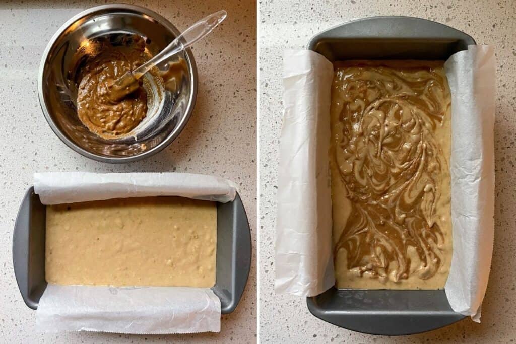 adding a peanut butter swirl to banana bread in the loaf pan before baking