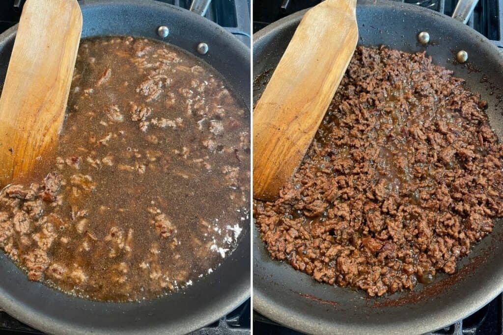 reducing the five spice sauce in the ground beef
