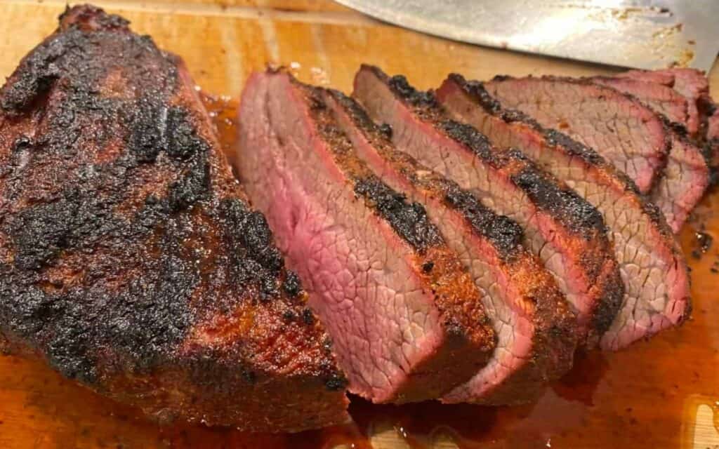 slices of Traeger reverse seared tri tip 