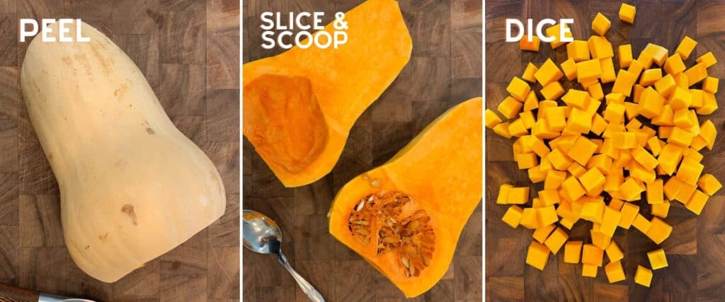 how to peel, cut, and dice a whole butternut squash