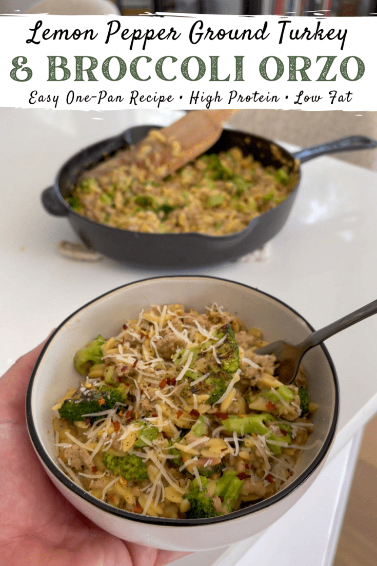 OnePan Creamy Lemon Pepper Ground Turkey and Broccoli Orzo