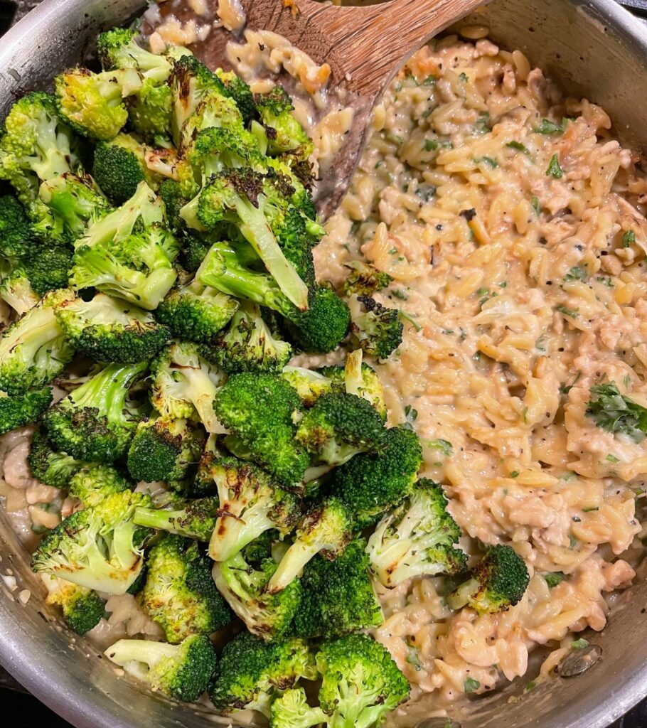 pan roasted broccoli added to the creamy lemon pepper ground turkey and orzo