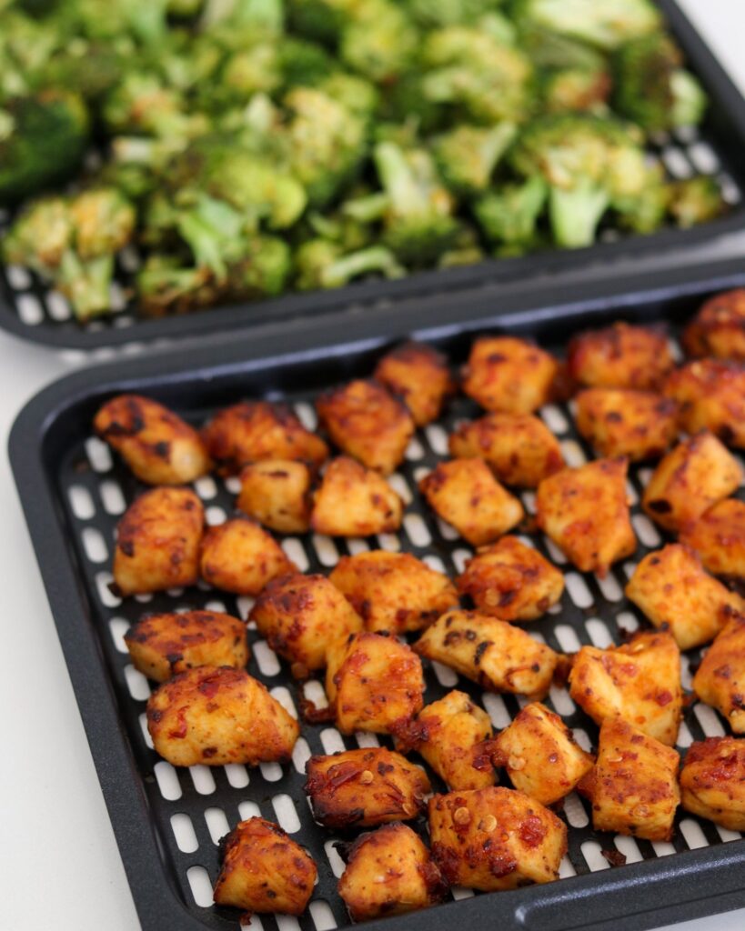 air fried chicken breast bites with broccoli