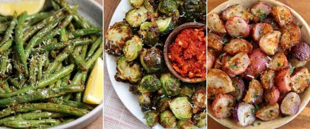 roasted green beans, brussels sprouts, and radishes