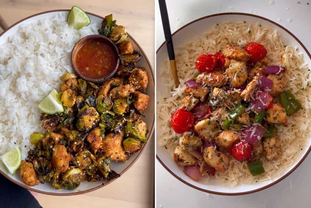 sweet chili chicken and brussels sprouts beside Greek chicken and veggies