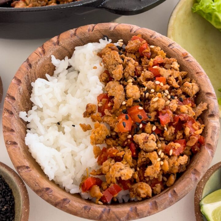rice bowl with chili garlic ground pork tenderloin