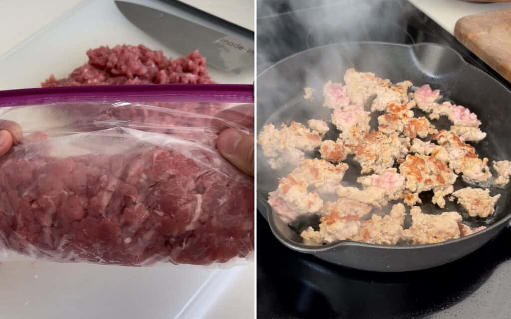 ground pork tenderloin in a ziploc bag and cooking in a pan