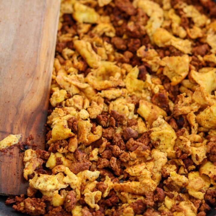 lean Mexican chorizo with eggs in a pan