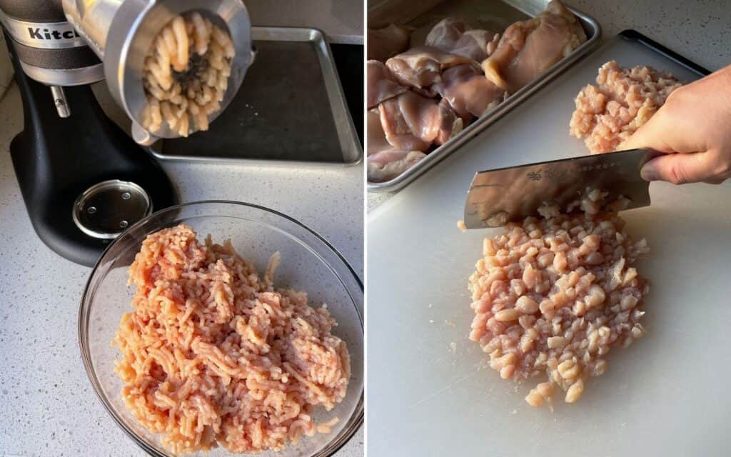 making ground meats with a stand mixer meat grinder attachment and by hand with a knife