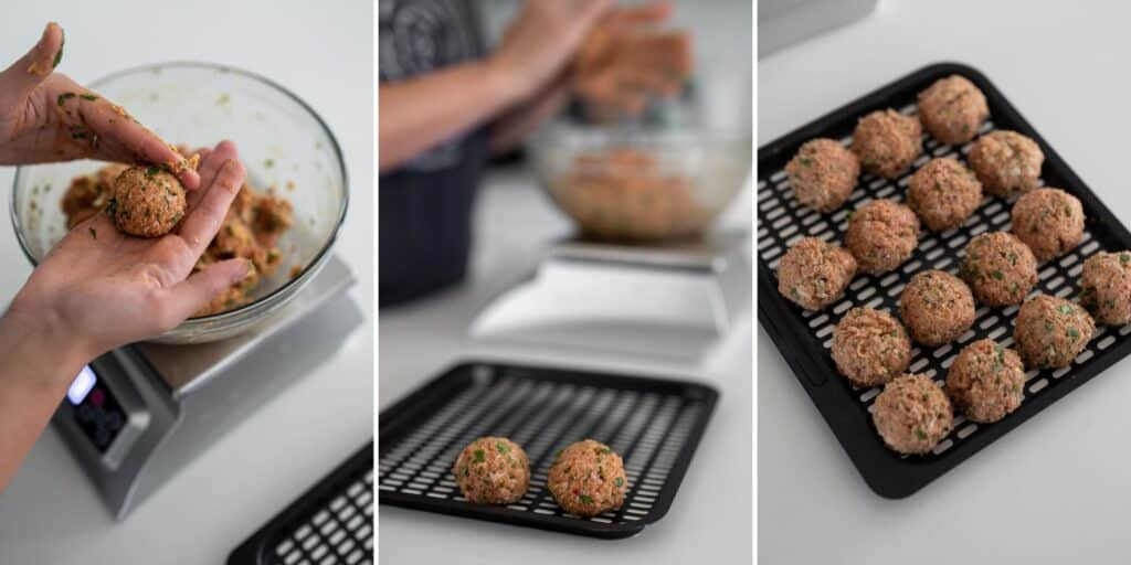 forming 16 ground turkey meatballs and placing them on an air fryer tray