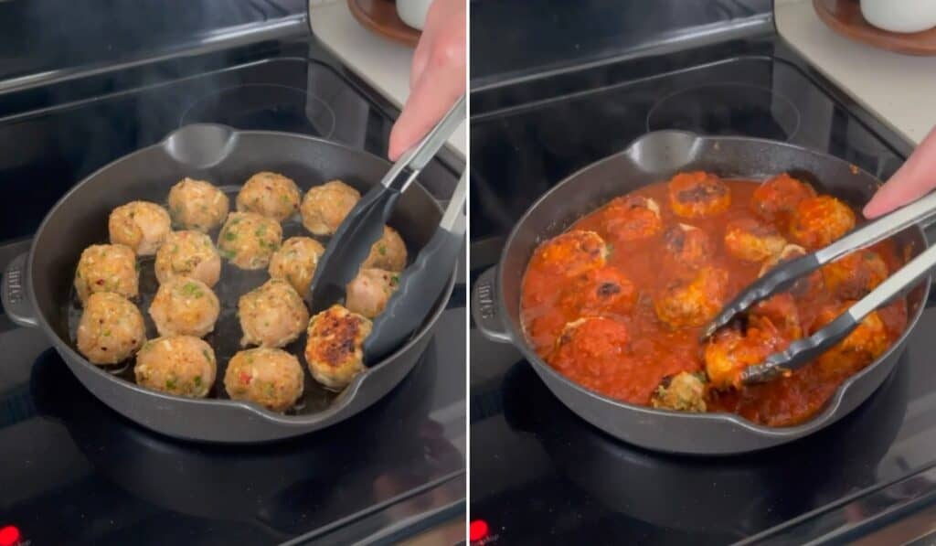 pan frying meatballs in a cast iron skillet