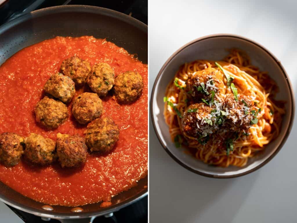 marinara in a pan with cooked turkey meatballs and spaghetti and meatballs in a bowl with basil and parmesan