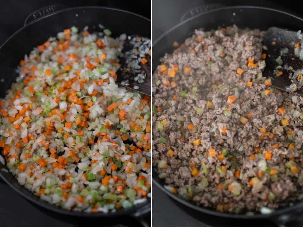 cooking ground beef in a cast iron skillet with diced onion, carrot, and celery