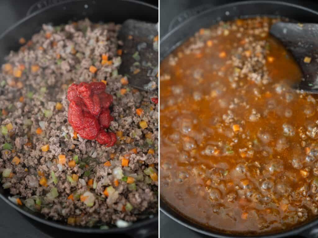 adding tomato paste and beef broth to cooked ground beef and mirepoix
