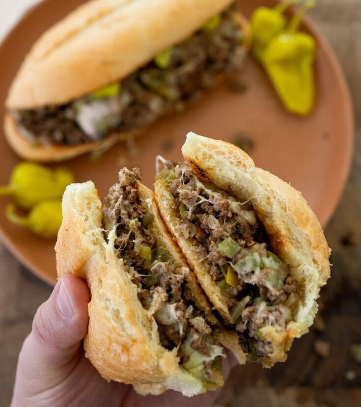 High Protein Ground Beef Cheesesteak Skillet