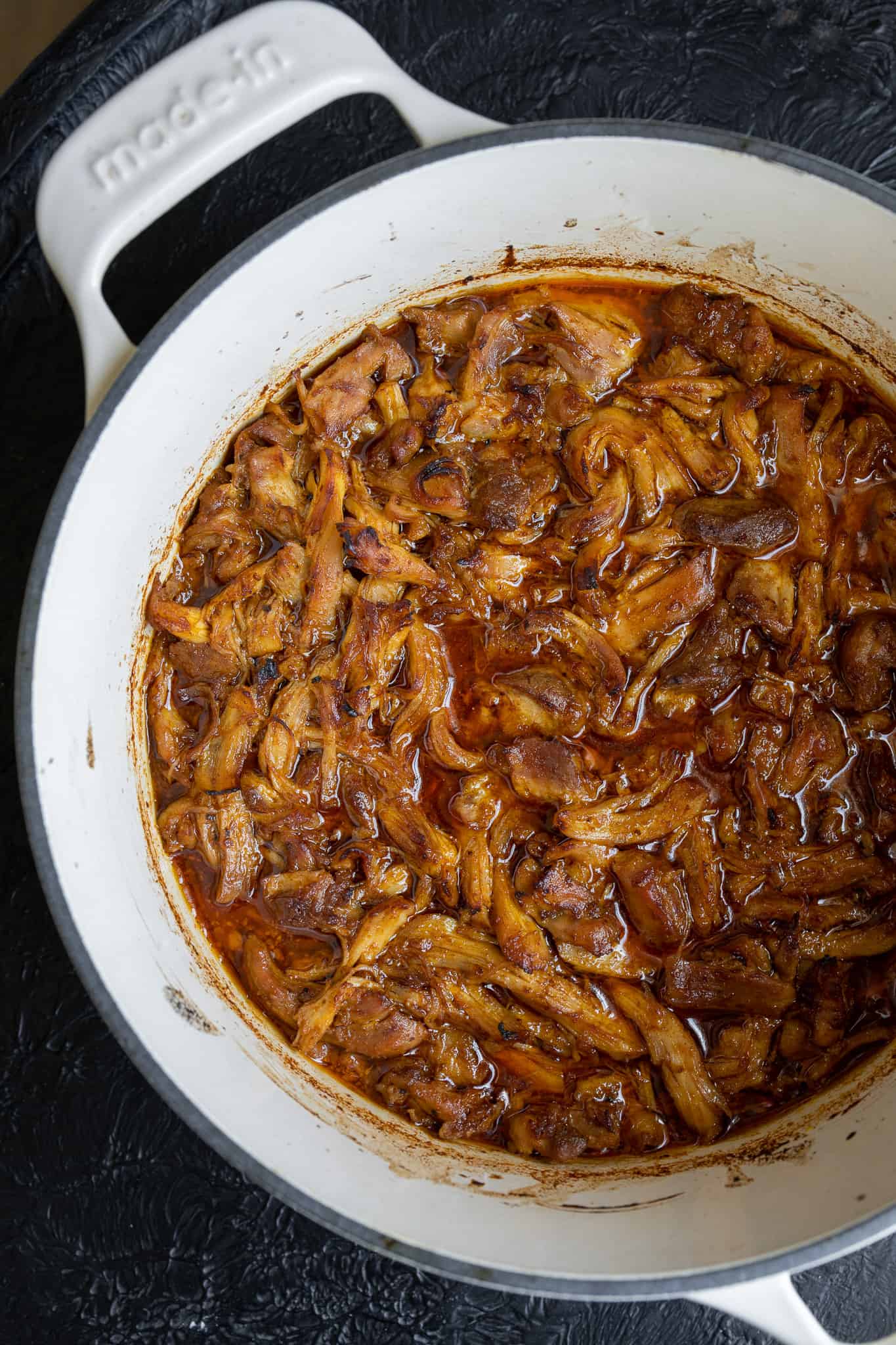 Dutch Oven Shredded Chicken Sweet & Tangy BBQ Style