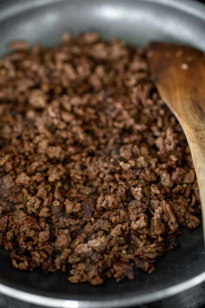 caramelized black pepper ground beef in a skillet