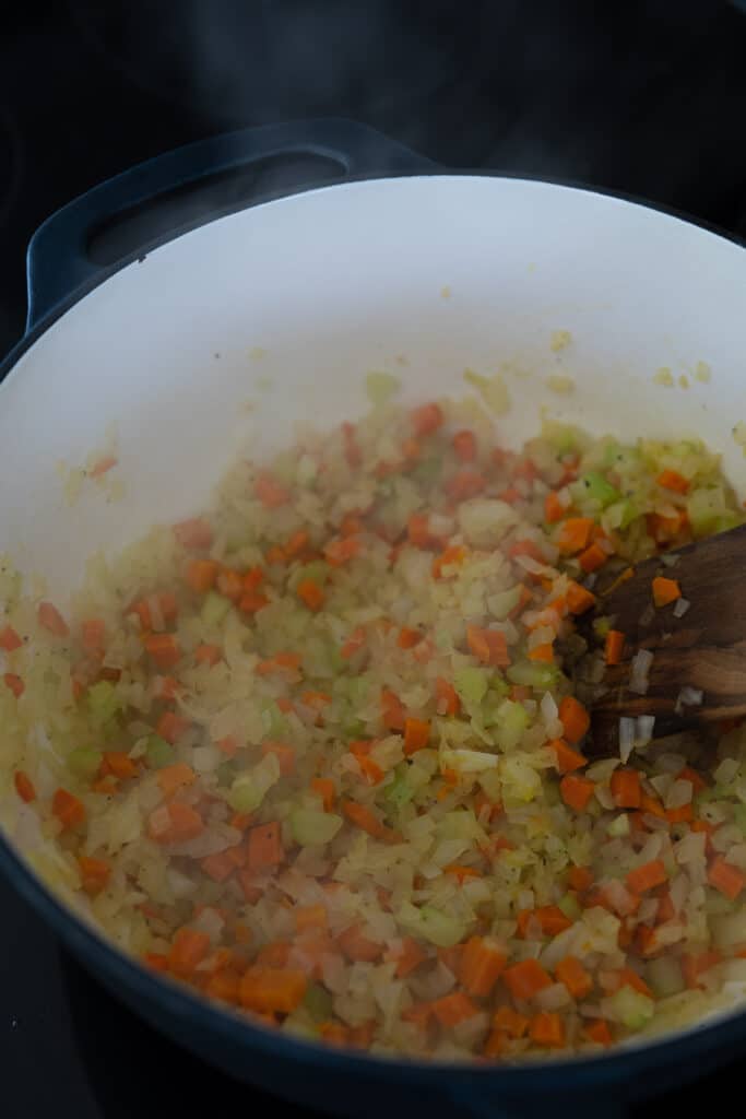 sweating mirepoix in a Dutch oven