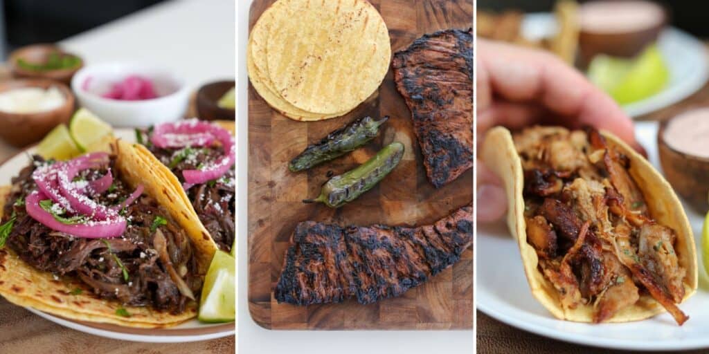 three photos of smoked beef tacos, grilled beef fajitas, and Mexican pulled chicken